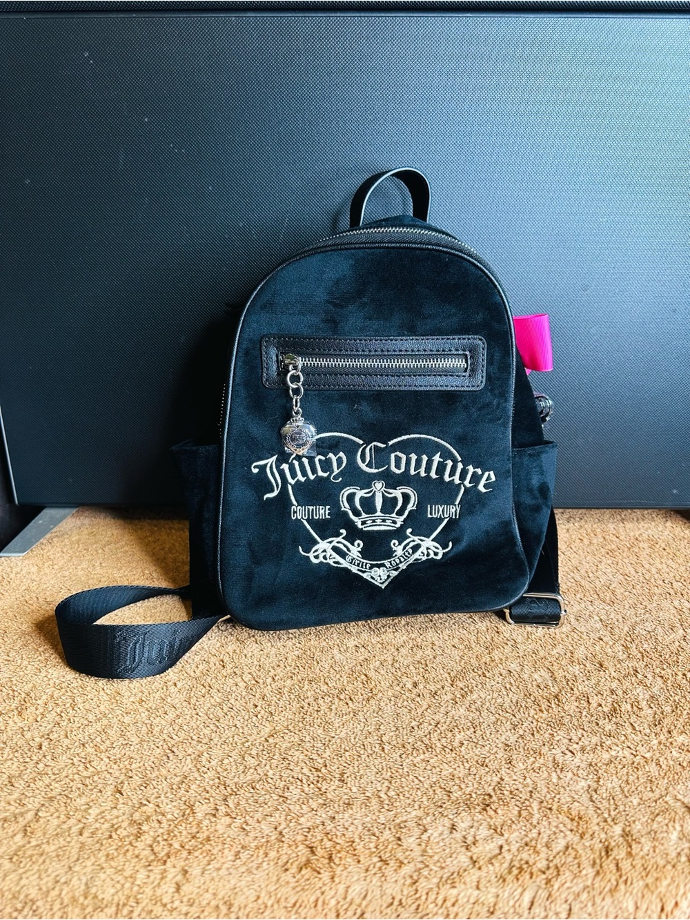 Juicy Couture Black/Pink Girlie Royalty Medium Backpack Velour